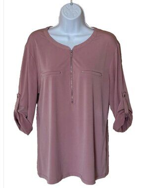 New York & Company XL Mauve Pink Zipper Top 3/4 Roll Sleeve Stretch Casual Work